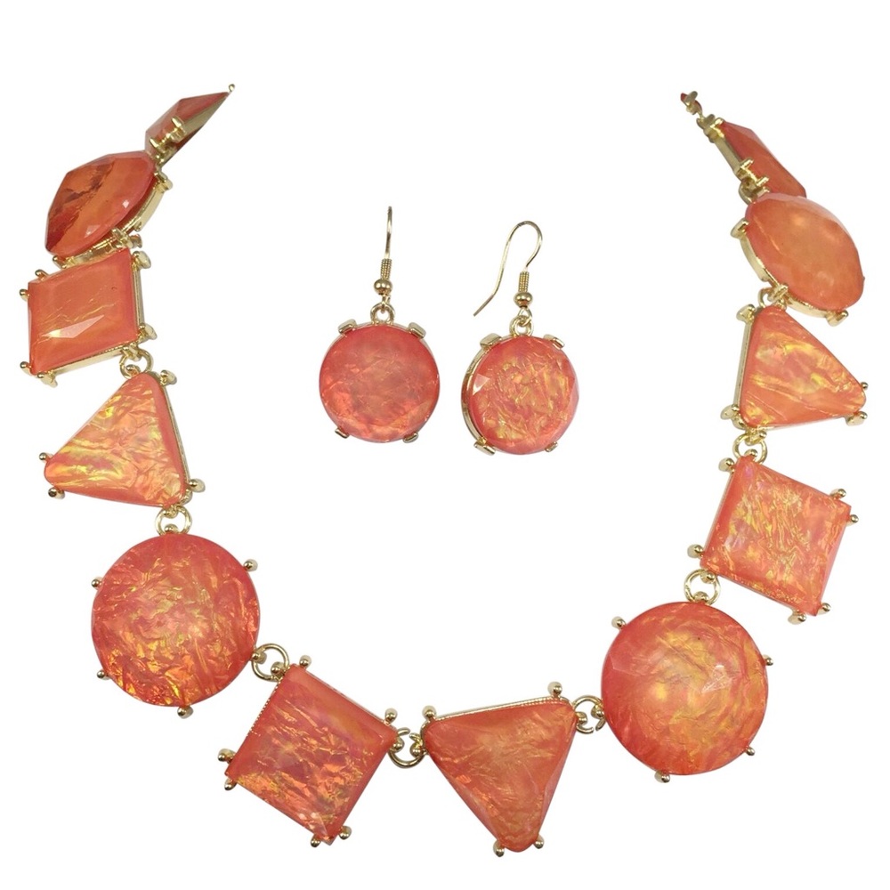 Iridescent Orange Foil Shapes Necklace Earring Set